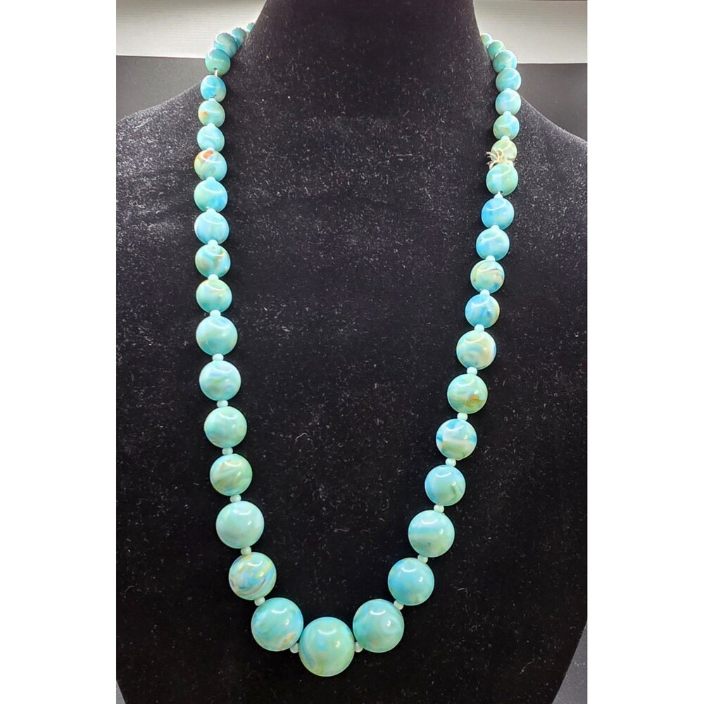 Vintage Aqua Blue Marbled Lucite Bead Necklace Graduated Beads Needs Restrung